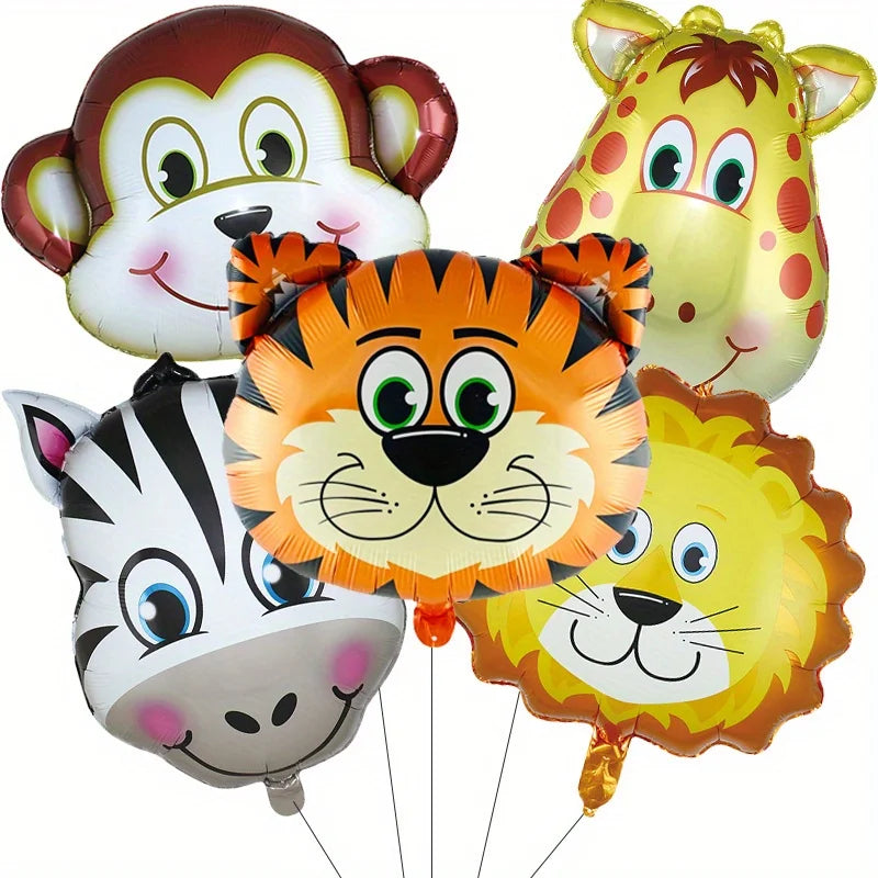 5pcs Jungle Safari Animals Head Foil Balloons Tiger Zebra Giraffe Lion Monkey Birthday Party Decorations Supplies Baby Shower