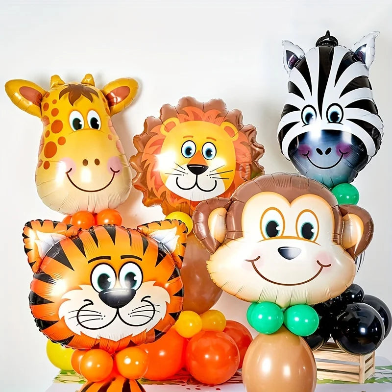 5pcs Jungle Safari Animals Head Foil Balloons Tiger Zebra Giraffe Lion Monkey Birthday Party Decorations Supplies Baby Shower