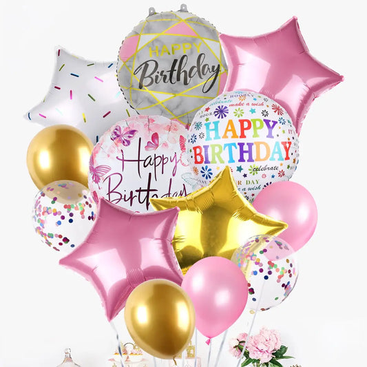 13pcs/1set Happy Birthday Balloons Pink Foil/Latex Balloons Set